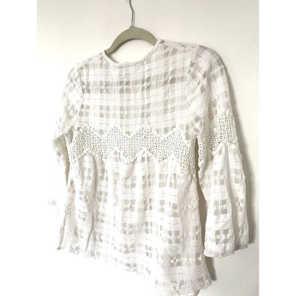 Esley Cream Cotton Lace Sheer 3/4 Sleeve Feminine Summer Pullover Top Blouse L - Picture 9 of 9
